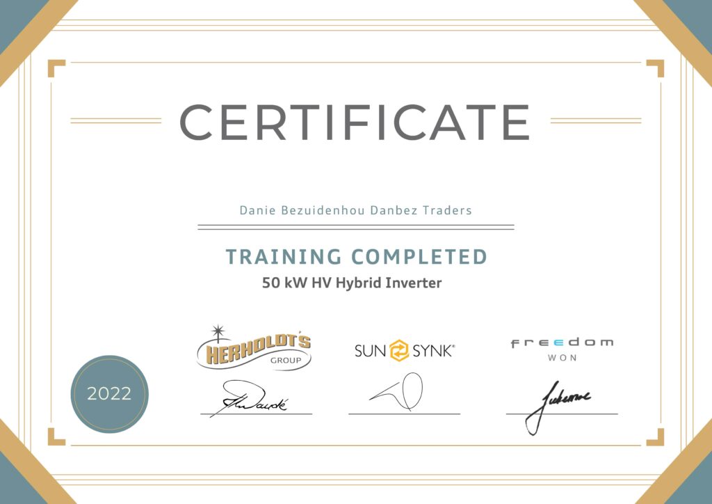50kW Certificate Danie Bezuidenhou Danbez Traders